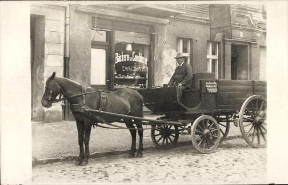 Photo Postcard Berlin Reinickendorf, master baker Emil Lender, pastry shop, Wacholderstraße 43, Fuhrwerk
