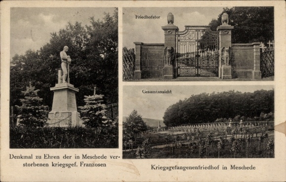 Ak Meschede in het Sauerland, gedenkteken voor omgekomen krijgsgevangenen, begraafplaatspoort, algemeen uitzicht