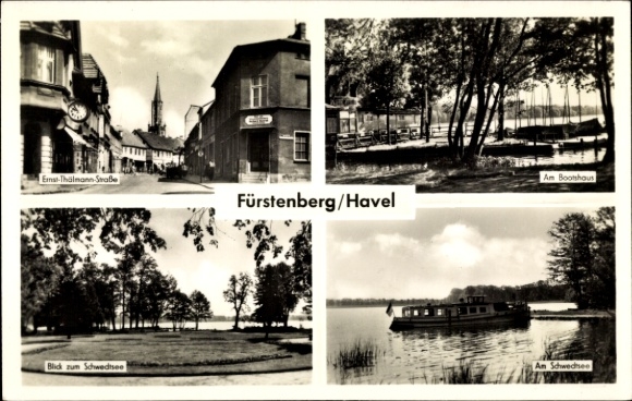 Postcard Fürstenberg an der Havel, Ernst Thälmann Straße, boathouse, Schwedtsee