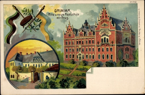 Chromo-Litho Grimma in Saxony, Old and New Realschule with Progymnasium, No. 2158