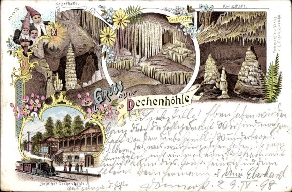 Chromo-Litho Grüne Iserlohn in the Märkischer Kreis, Dechenhöhle, Königshalle, dwarves, organ grotto, train station