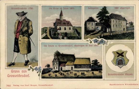 Coat of arms of Großröhrsdorf in the district of Bautzen, church, school, feudal court, costume