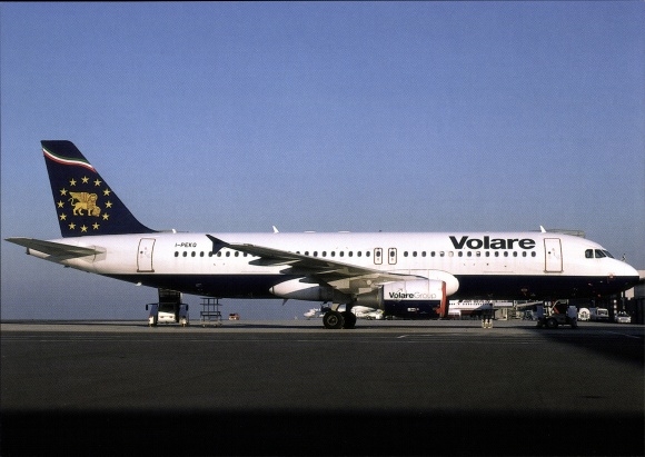 Postcard Italian Passenger Aircraft, Volare, Airbus A320 214, I PEQKQ Cn 1757