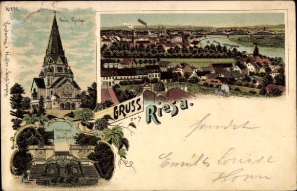 Litho Riesa an der Elbe Sachsen, Kirche, Stadtpark, Panorama