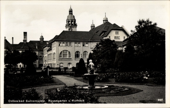 Postcard Swinoujscie Pomerania, view of the Kurhaus with rose garden