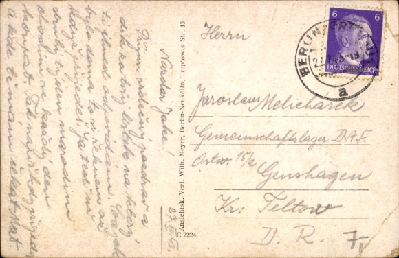 Postcard Berlin Treptow Bohnsdorf, village view with church