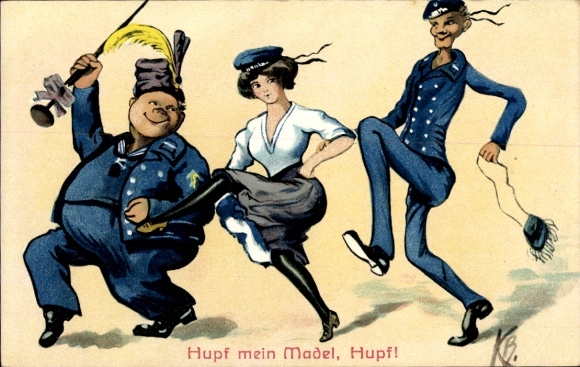 Künstler Ak Blossfeld, K., Hupf mein Madel, Hupf, Soldaten und Frau in Uniformen