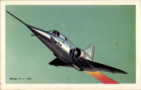 Postcard Bomber Mirage IV, 1960, French military aircraft, advertising, Chocolats Tobler