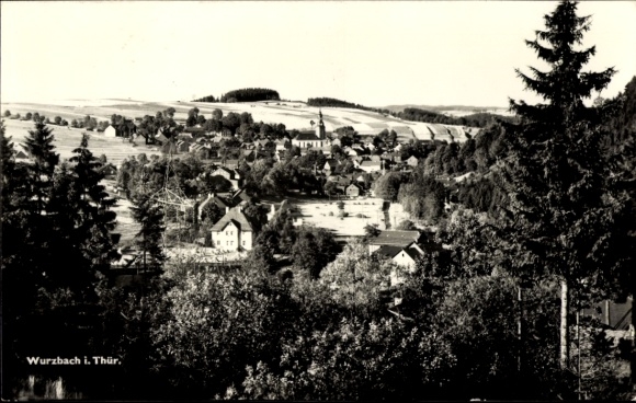 Postcard Wurzbach in Thuringia, black and white photo of Wurzbach with trees in the foreground, houses in the...