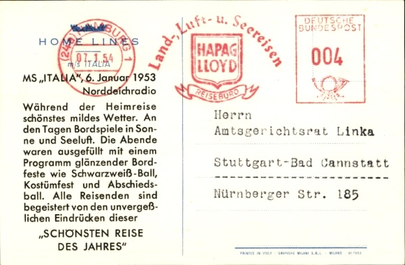 Postcard ship MS Italia on the high seas, Home Lines