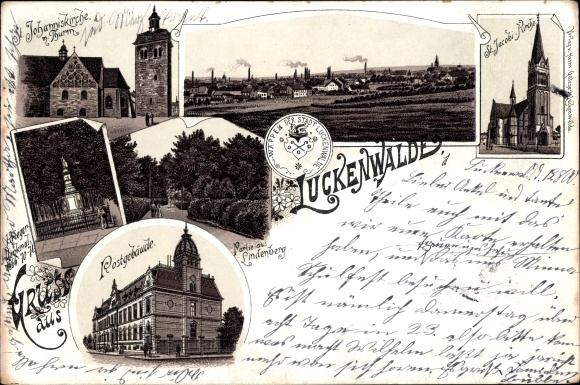 Chromo-Litho Luckenwalde in Brandenburg, St. Johannis Church, post office building, war memorial, Lindenberg