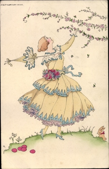 Artist PC Köhler, Mela, woman in dress with parasol, M. Munk Vienna 1132