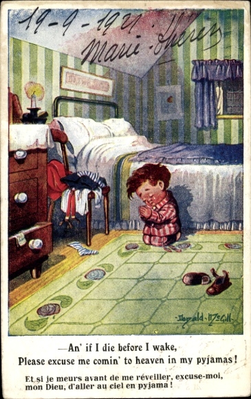 Artist Postcard McGill, D., Praying Boy, Children's Room, Bed, Chair