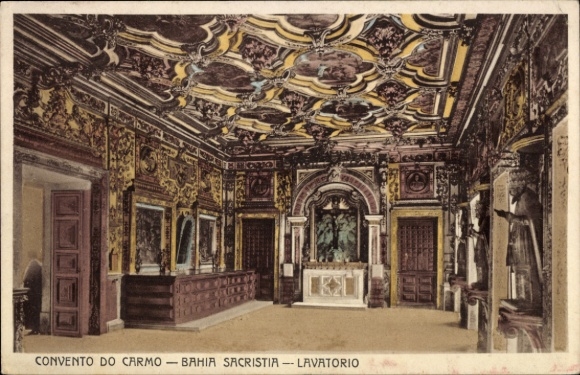Postcard Bahia Brazil, convent, sacristy, lavatory, ornate ceiling