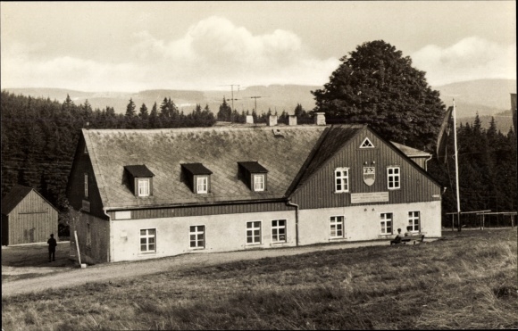 Postcard Sosa Eibenstock in the Ore Mountains, FDJ Youth Hostel Hans Beimler, Red Pit