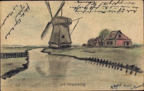 Postcard Windmill on the river, residential building
