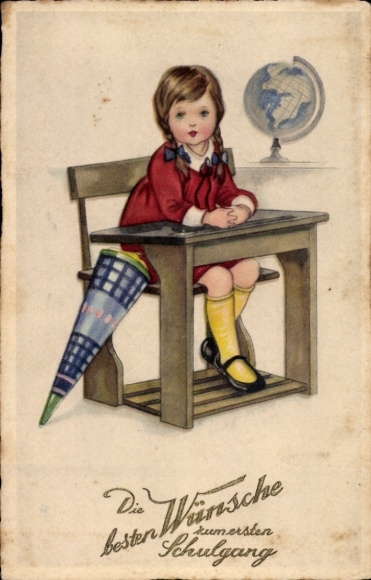 Postcard Congratulations school enrollment, girl with candy cone, school desk