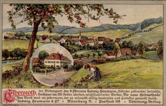 Chromo-Litho Elbersroth Herrieden in Middle Franconia, view of the town, girl picking flowers