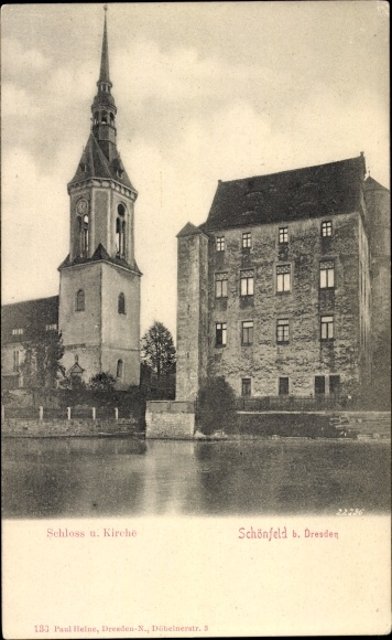 Postcard Dresden Schönfeld Weissig, castle and church
