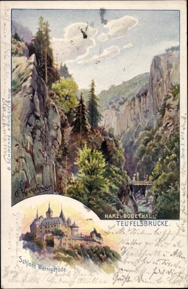 Artist PC Kretschmar, Wernigerode am Harz, castle, Bodetal, Teufelsbrücke, mountain faces