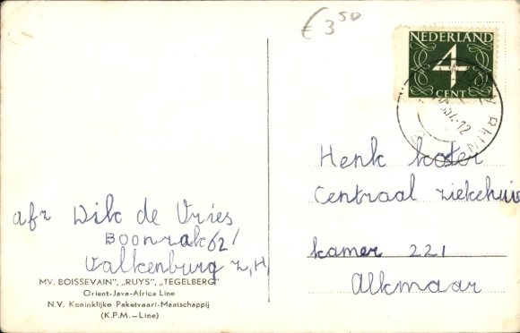Ak stoomboot MV. Boissevain, Ruys, Tegelberg, KPM Lijn