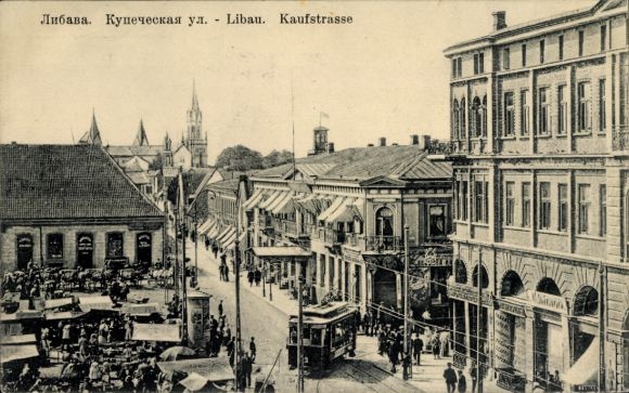 Postcard Liepaja Libau Latvia, shopping street, tram, market