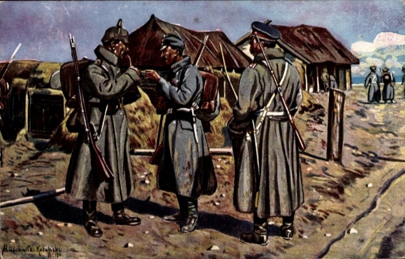 Kunstenaarskaart Lüschwitz Koreffski, drie wapenbroeders in een Servisch dorp, soldaten in uniform, WOI