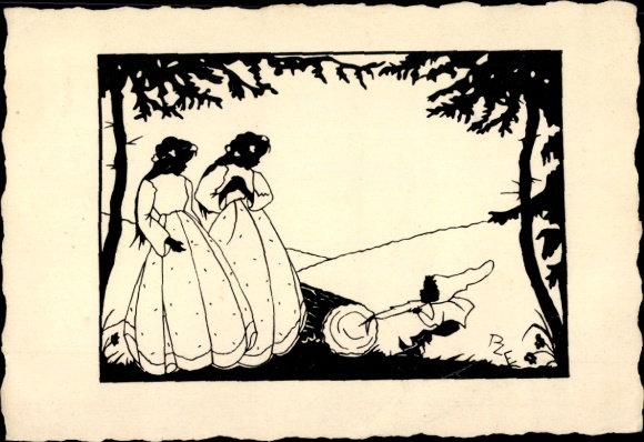 Scherenschnitt Ak R. Einicke-Zschoche, Märchen, Schneeweißchen und Rosenrot