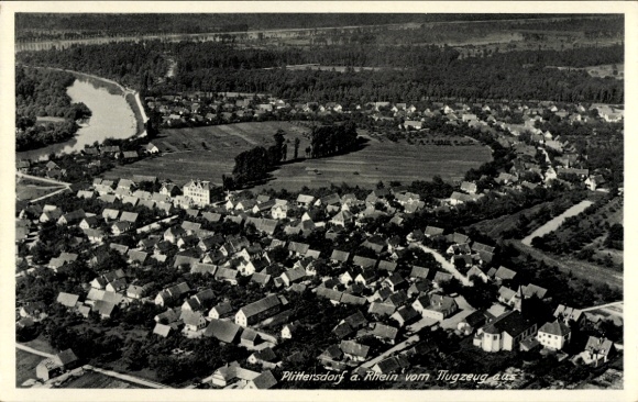 Postcard Plittersdorf Bad Godesberg Bonn am Rhein, aerial view of Rhine, houses, landscape, aircraft