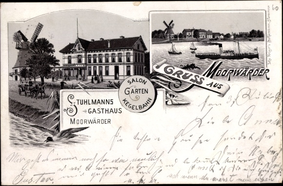 litho Hamburg Wilhelmsburg Moorwärder, herberg Stuhlmann, molen