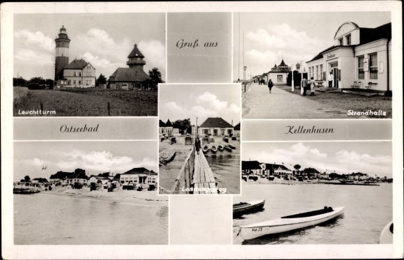 Postcard Baltic resort Kellenhusen in Holstein, lighthouse, beach hall, jetty, beach
