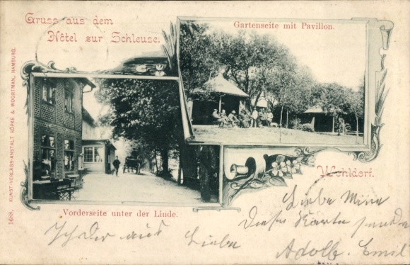 Ansichtkaart Hamburg Wandsbek Wohldorf, Hotel Zur Schleuse, tuinzijde, paviljoen