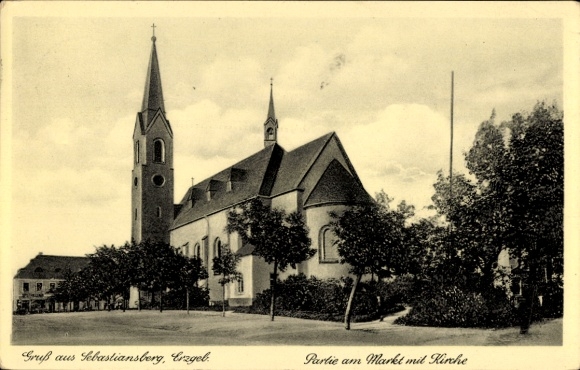 KP Hora Svatého Šebestiána Sebastiansberg Rudawy Region Aussig, rynek, kościół