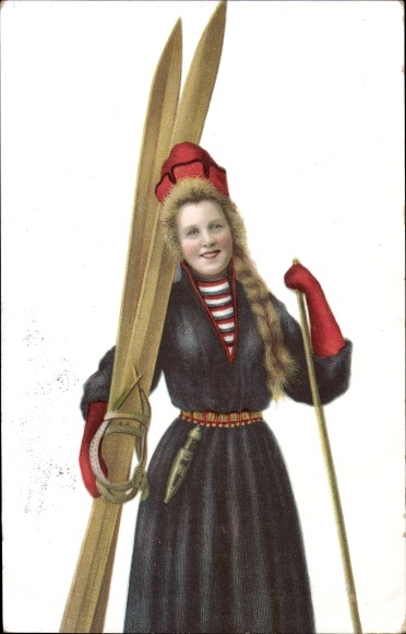 Postcard Norwegian woman with skis, skier, folk costume