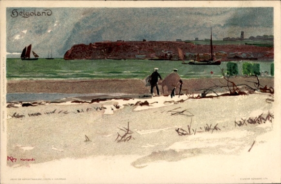 Künstler Litho Kley, Heinrich, Nordseeinsel Helgoland, Strandpartie, Oberland, Unterland