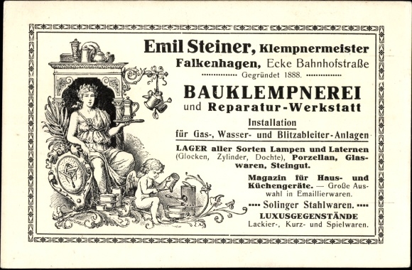Postcard Falkenhagen in the Mark, Emil Steiner master plumber, construction plumbing, corner Bahnhofstrasse
