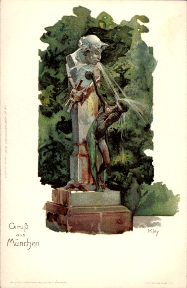 Artist Chromo-Litho Kley, Heinrich, Munich Bavaria, Satyr Fountain