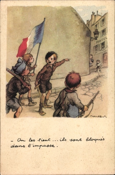 Artist PC Poulbot, children with a French flag as soldiers, Ligue national contre le taudis