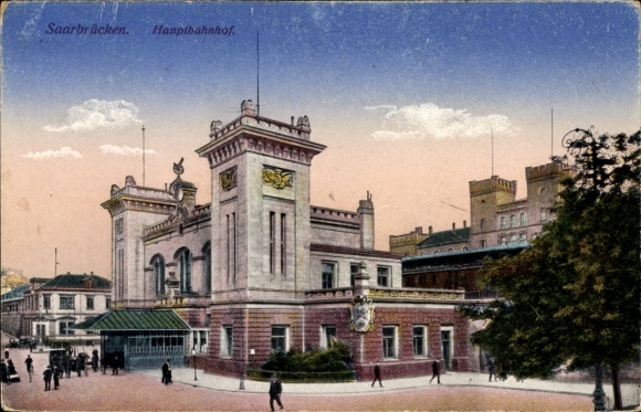 Postcard Saarbrücken in Saarland, main station, architecture, colorful sky
