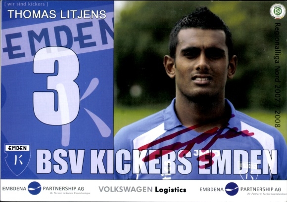 Karta autografu piłkarza Thomasa Litjensa, BSV Kickers Emden, autograf