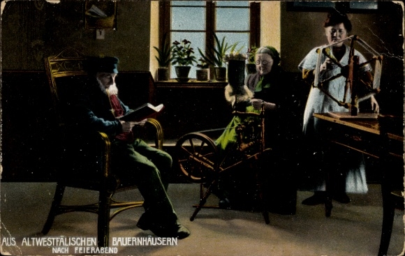 Postcard From Westphalian farmhouses, after work, spinning wheels