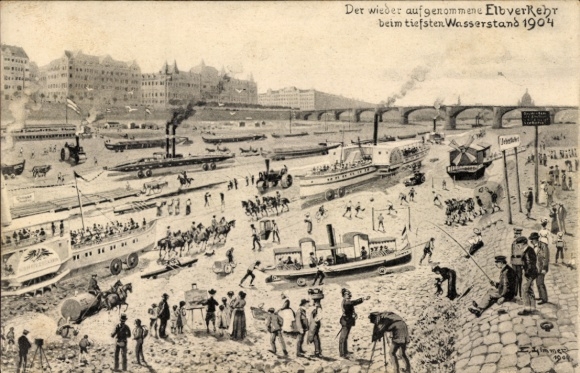 Artist PC Dresden, shipping traffic resumed on the Elbe, lowest water level in 1904