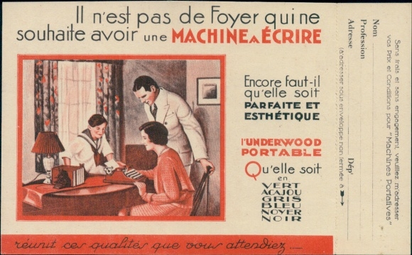 Postcard typewriter, Underwood Standard Portative, secretary