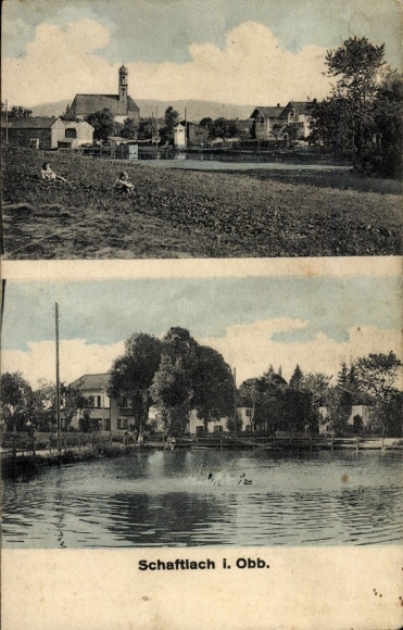 Postcard Schaftlach Waakirchen Upper Bavaria, partial views, church, pond