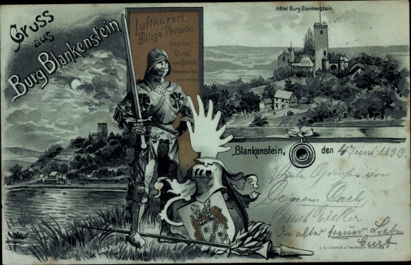 Coat of arms Moonlight Chromo-Litho Blankenstein Hattingen in the Ruhr area, Blankenstein Castle, hotel, knight