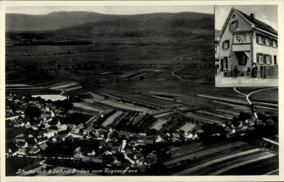Ak Friesenheim in Baden, Luftaufnahme von Schutterzell, Bäckerei Friedr. Zbold