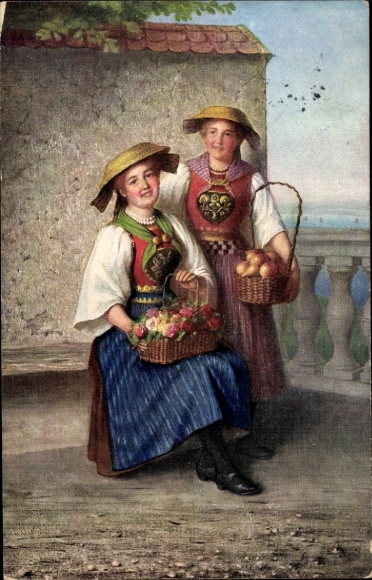 Artist Postcard Hamburg Bergedorf Vierlande, Vierländerinnen with baskets