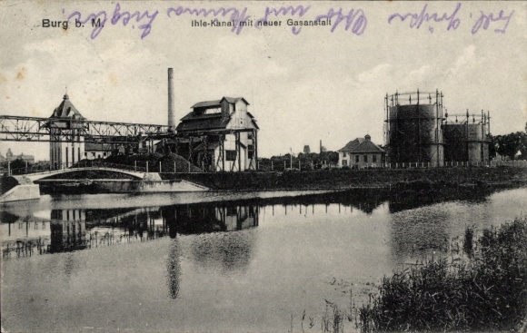 Postcard Burg near Magdeburg, Ihle Canal, New Gasworks