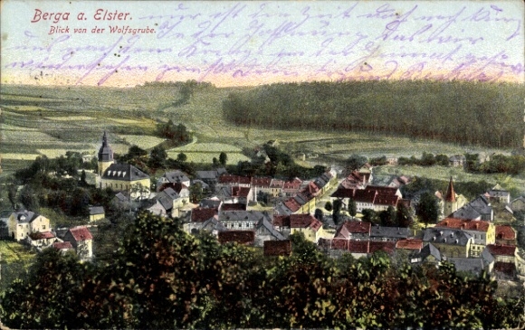 Ak Berga an der Elster Thüringen, Ansicht von Berga, Blick von der Wolfsgrube, malerische Landsch