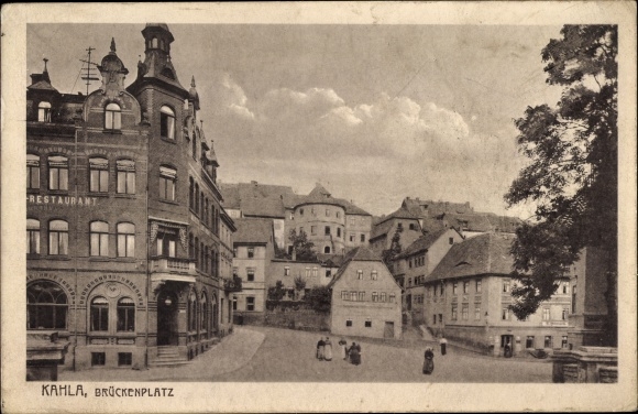 Postcard Kahla Thüringen, Brückenplatz, restaurant, partial view of the city